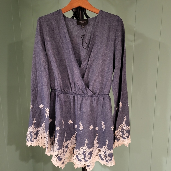 Romeo & Juliet Couture Pants - Romeo & Juliet Couture Blue and Lace Romper, Long Sleeve, Cotton